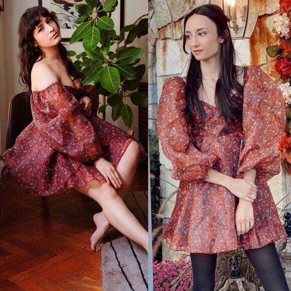 Selkie Princess Crimson Darling Red Floral Puff Sleeve Organza Mini Dress Size S - Picture 1 of 15